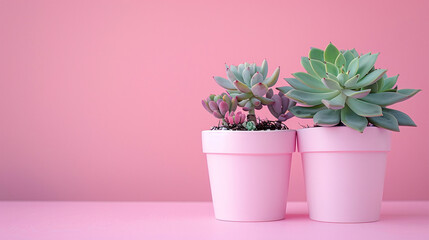 Two Succulent Plants in Pink Pots on Light Pink Surface and Background Indoor Gardening Decor
