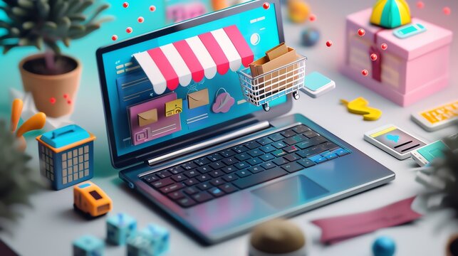 Laptop showing an online business marketplace, detailed and lifelike