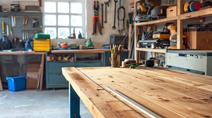 A workbench in the garage, with tools and materials neatly organized, providing a practical space for DIY projects and repairs. 