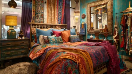 Bohemian bedroom with eclectic decor, layered textiles, and vibrant colors, expressing creativity and free-spiritedness