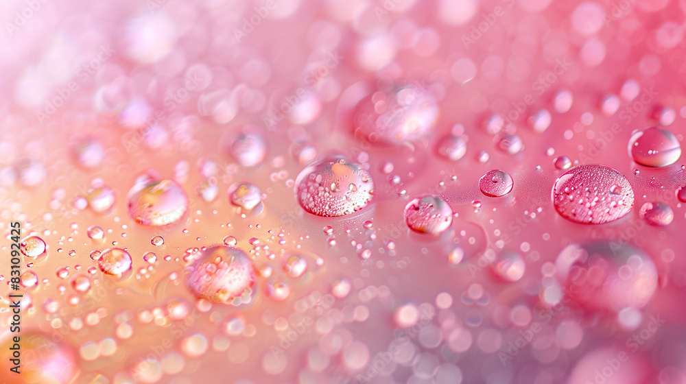 Poster macro water droplets on pink and orange surface with bokeh effect for background and texture