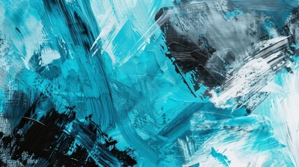 abstract acrylic painted background with rough brush strokes in aqua blue black and white handdrawn art