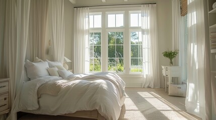 Bright and airy bedroom with large windows, sheer curtains, and a fresh color palette, maximizing natural light and space