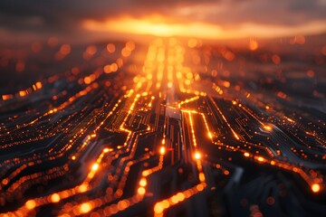 Glowing Circuit Board Sunset, Futuristic Cityscape