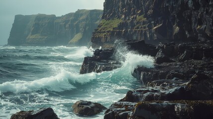 Against the background of a dramatic coastline, waves crashed against the rocky cliffs, sending up...
