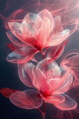 Obraz premium Two Pink Flowers With Leaves on a Black Background