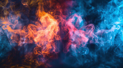 Fototapeta premium Abstract Fiery Orange and Cool Blue Smoke Swirling Against Dark Background Mystical Colors