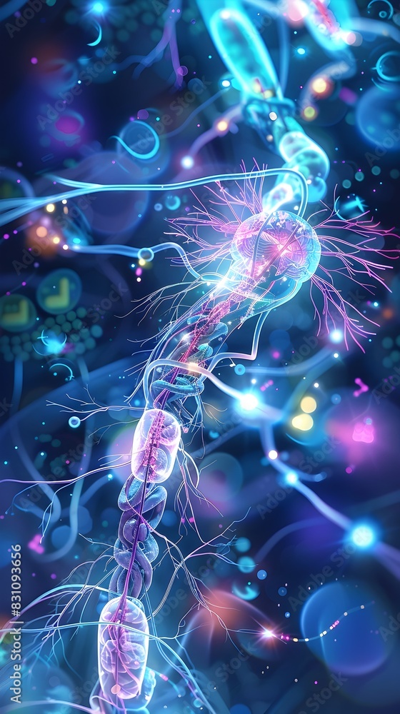 Poster ethereal neurotechnology interface visualizing the interconnected signals of the nervous system