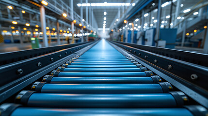 Blue Conveyor Belt in a Modern Industrial Warehouse with Bright LED Lighting and Metal Structures