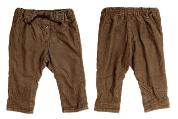 Children pants isolated. Closeup of sepia brown denim pants isolated on a white background. Sporty...
