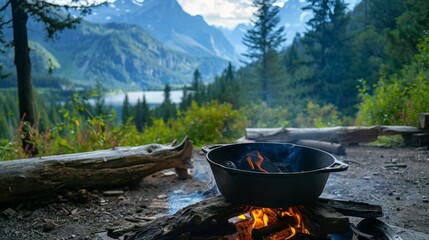 Cast iron dutch oven on an open flame in an outdoor camping setting, with a scenic background of mountains and forests, highlighting outdoor cooking