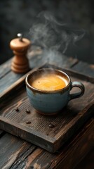 Fototapeta premium Wake Up to the Serene Pleasure of a Steamy Coffee Cup and Beans Gracing a Wooden Table, Infusing the Morning with Blissful Warmth.