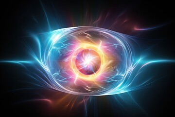 Big metallic sphere with electric rays, power of the gravitational force, emerging large rays of plasma that release energy to the universe