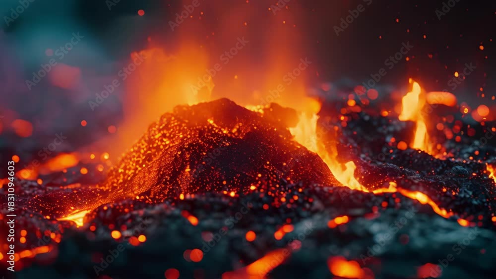 Poster a fiery volcanic eruption on a distant island symbolizing the rapid progress and growth of blockchai