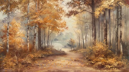 Gentle pastel hues featuring a forest path covered in golden autumn leaves.