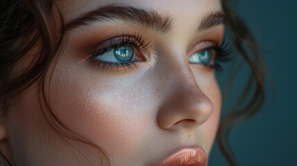 Fototapeta premium Young Woman with Blue Eyes and Natural Makeup Close-Up with Soft Blue Background