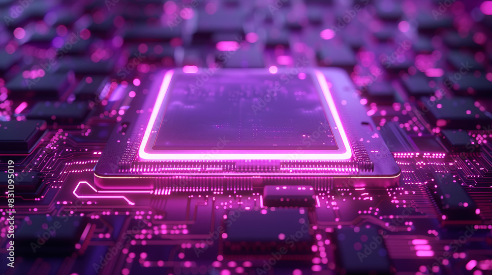 Poster futuristic glowing purple computer chip on circuit board representing advanced technology