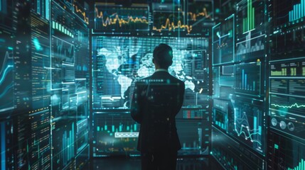 A man stands surrounded by screens displaying various data in a room filled with technology and information.