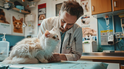 Veterinarian Examining White Cat in Modern Veterinary Clinic with Cat Posters on Walls