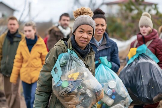 Beach Cleanup Concept. Determined volunteers of all ages carrying large trash bags filled with plastic waste, emphasizing community-driven environmental efforts
