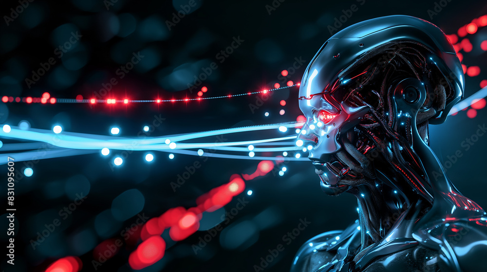 Poster futuristic advanced robot analyzing data technology related 3d illustration render concept. technolo