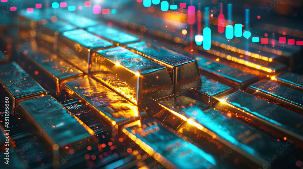 Poster stacks of shiny gold bars are displayed with digital financial graphs in the background, representin
