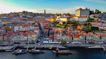 Old town of Porto at river Douro, Portugal aerial photo 12 may 2024 year. Sunset