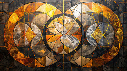 A geometric abstract artwork overlapping circle symmetrical shapes warm tones of gold, bronze, and copper.