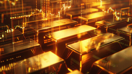 Stacks of gleaming gold bars with financial data overlays, symbolizing wealth, investment, and market trends in a high-tech, digital financial environment.