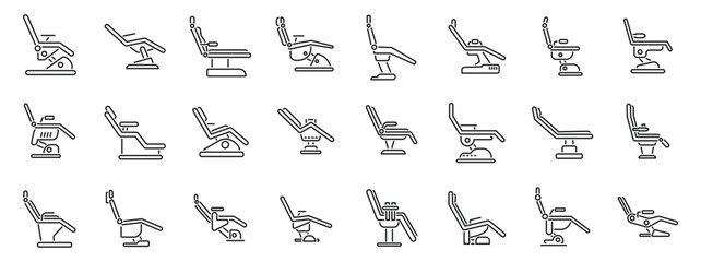 Dental chair icons outline set vector. A series of chairs are shown in various positions. Some are reclining, while others are upright. The chairs are arranged in a line, with some placed closer