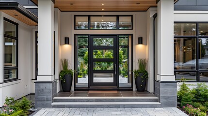 Modern front door with a black frame and glass, framed by square planters on the sides of the house entrance in white color.