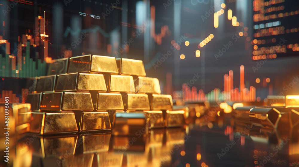Poster stacks of gold bars are displayed against a background of financial charts and data, highlighting th