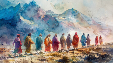 People Walking in Mountain Landscape with Vibrant Garments Symbolizing Pilgrimage and Unity