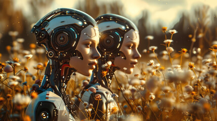 Couple of robots in love in blossoming field