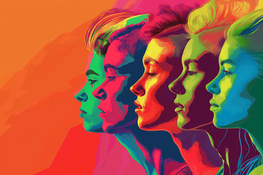 A poster features several lgbt people with different colored hair, in the style of art illustration
