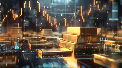 Gold bars on a digital financial trading platform, depicting gold trading amidst fluctuating stock market graphs and data visualizations in a futuristic setting.