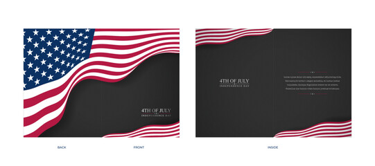 4th of July dark background. Half fold greeting card template. Independence day United States design with wavy flag.
