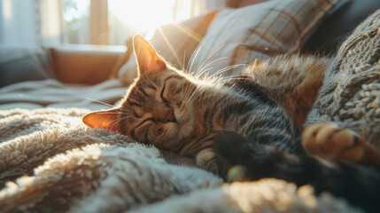 A tabby cat peacefully naps on a cozy blanket, basking in the warm sunlight streaming through a nearby window. - Powered by Adobe