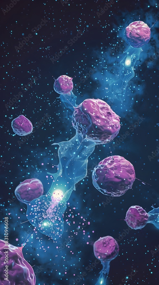 Poster captivating flow cytometry cell sorting showcasing microscopic organic structures and vibrant colors
