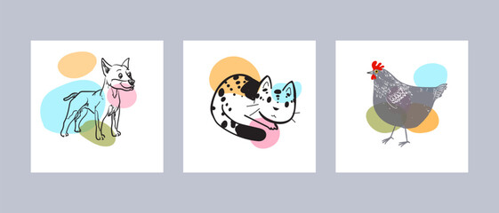 Farm, pet animals hand drawing hand drawn poster wall art vector illustration. Cat, dog, chicken line art.