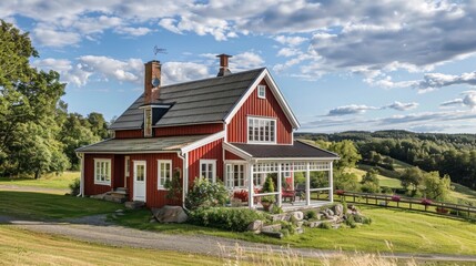 Obraz premium Charming Nordic farmhouse surrounded by rolling hills and meadows, with a red-painted exterior, white trim, and a picturesque setting, exuding rural tranquility