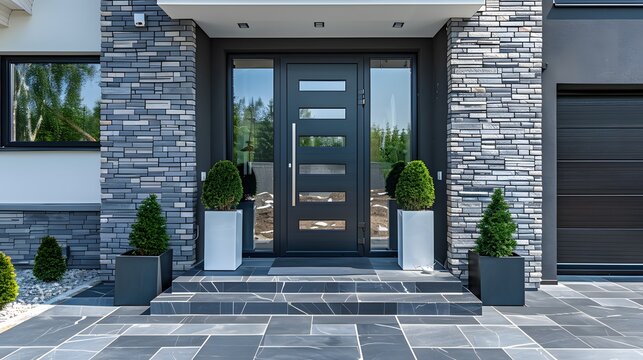 Modern front door with a black frame and glass, framed by square planters on the sides of the house entrance in white color.