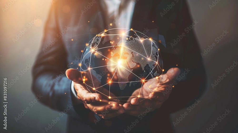 Aufkleber businessman holding global network connection big data analytics and business intelligence concept w