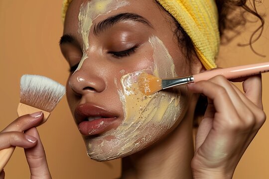 a beautiful young girl model wearing a light yellow headband and holding a silicon brush applying clay mask, studio lighting, yellow/ ocra  background