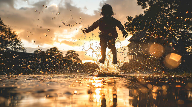 A silhouette of a child jumping into a puddle on a rainy day, with water splashing around, showcasing playful moments and simple joys - Powered by Adobe