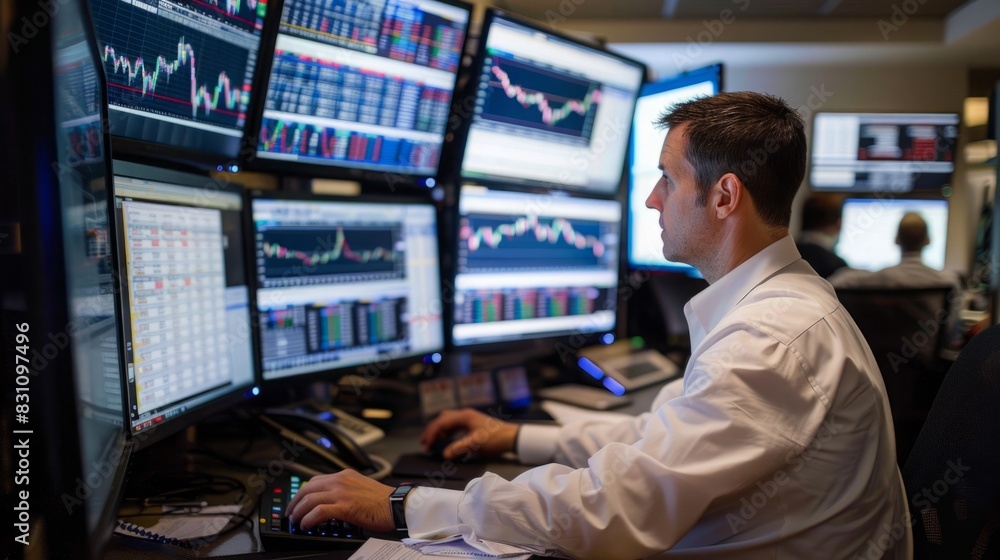 Poster a man is seated in front of several computer monitors, focusing intently on the screens in a busy of