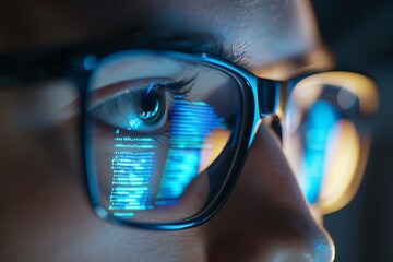 a young man hacker developer coder wears eyeglasses  reflecting codes, numbers  and data, working on computer , close up on glasses, cyber security concept dark background