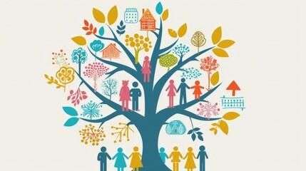 Create a visual representation of family support systems. Include extended family, friends, and community resources that contribute to a family's well-being.