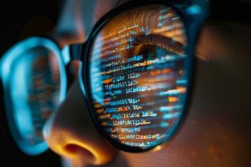 a young girl hacker developer coder wears eyeglasses  reflecting codes, numbers  and data, working on computer , close up on glasses, cyber security concept dark background