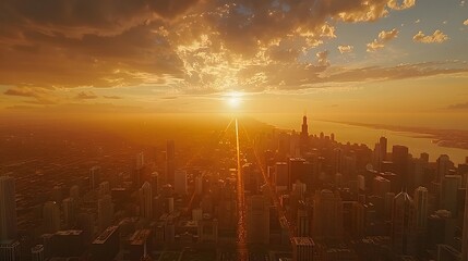 Movie still of aerial view from the movie high rise, Chicago skyline at sunset. The aerial view shows the Chicago skyline at sunset during the golden hour.